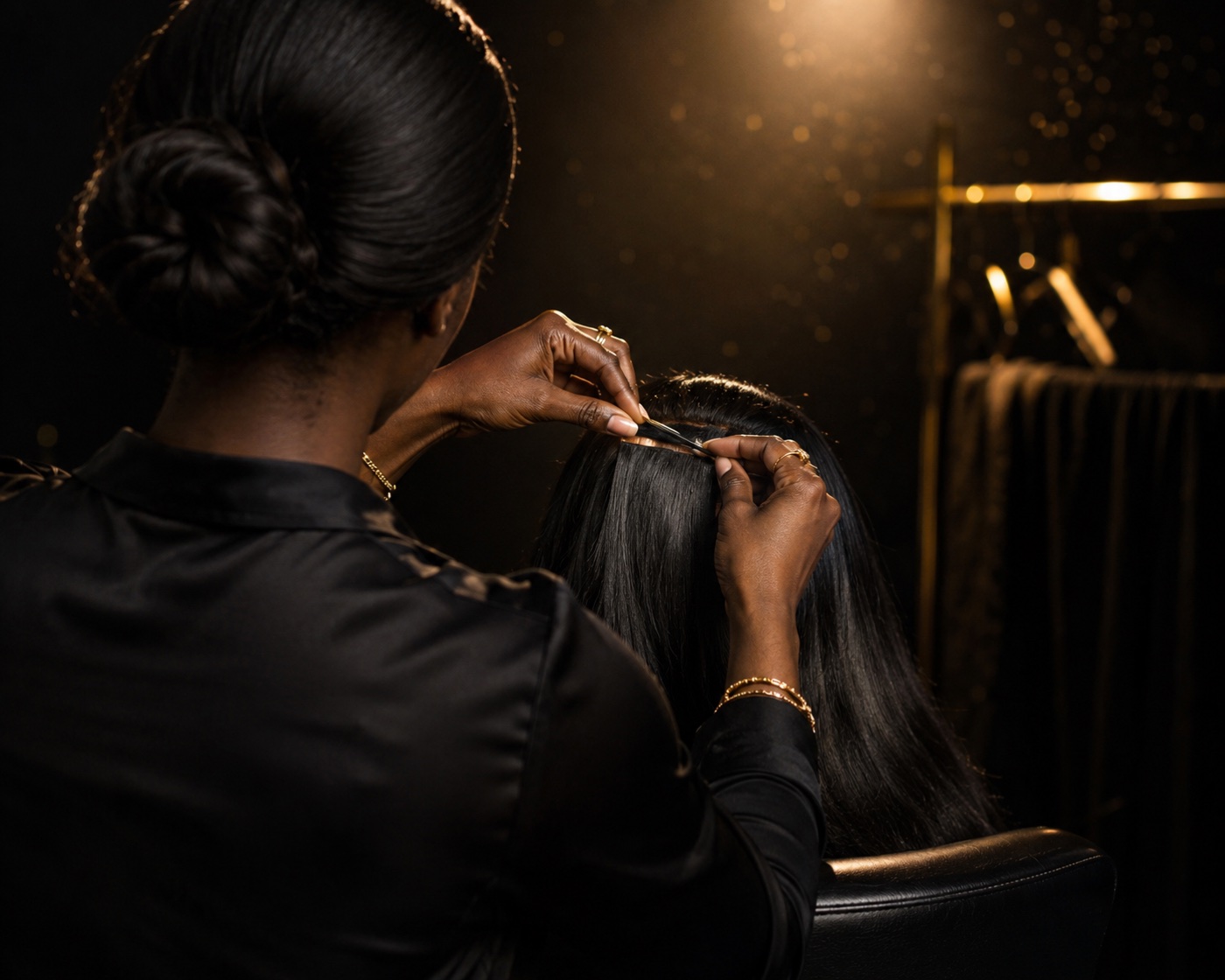 Mandy from behind, sleek braided bun and black silk blouse, sewing a weft into a seated client's crown under a champagne spotlight, gold dust drifting through the dark